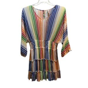 Macris Jardin Womens Large Rainbow Striped Ruffle Tiered Swing Dress Size L